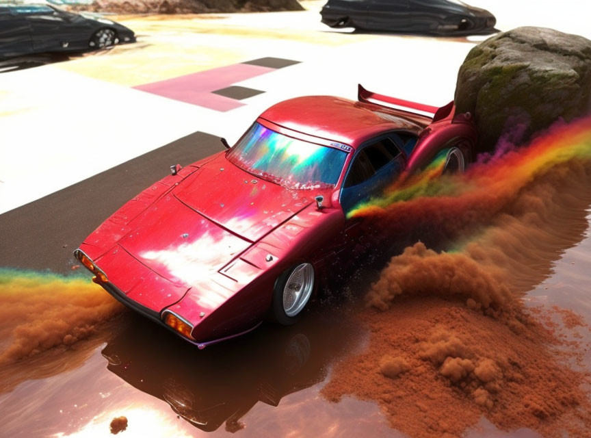 Red sports car with rainbow exhaust in surreal landscape