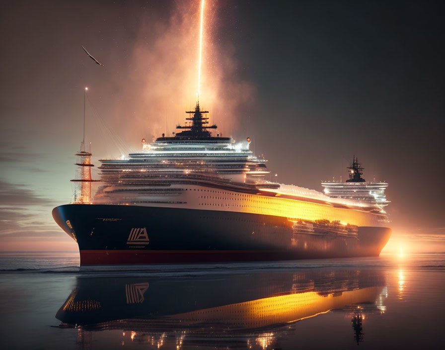 Cruise Ship Illuminated at Dusk with Rocket Launch in Twilight Sky