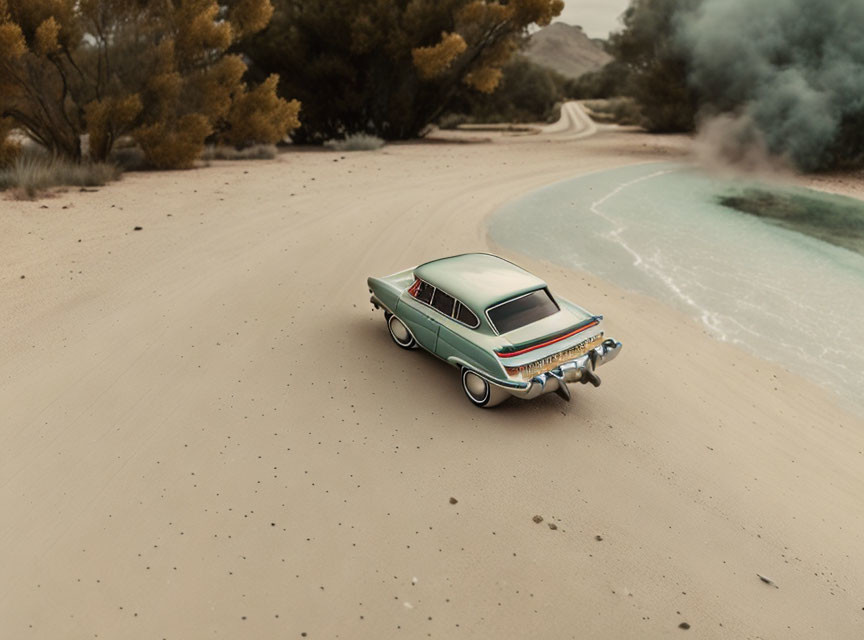 Vintage car drifting on dusty road with tire smoke.