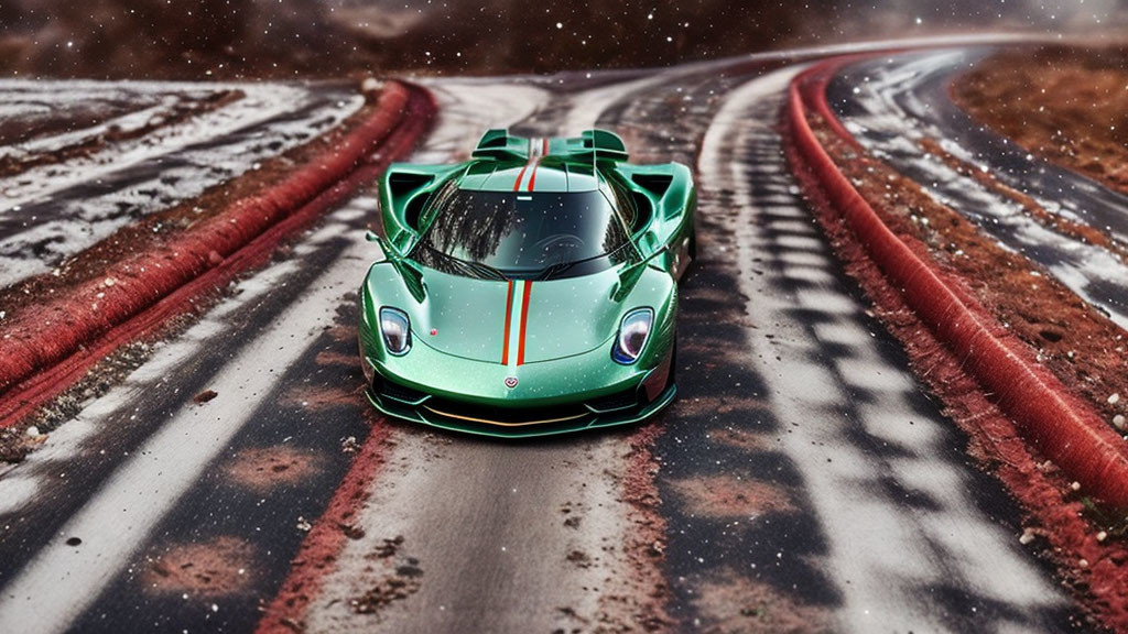 Green sports car with orange stripes on wet dirt road, red curbing, blurred forest background