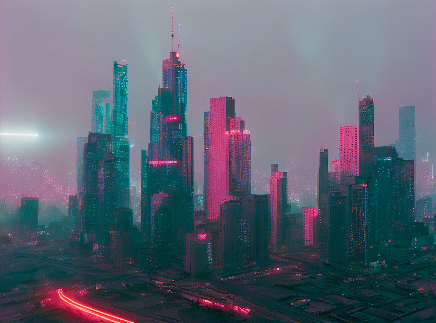 Neon-lit cityscape at dusk with mist and skyscrapers.