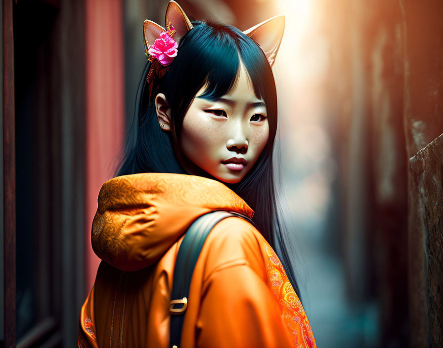 Young woman with fox ears in traditional attire in warm-lit alley