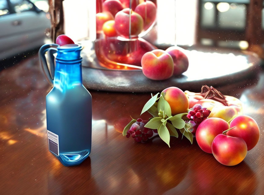 Blue bottle with liquid, peaches, cranberries, apples on wooden surface in sunlight