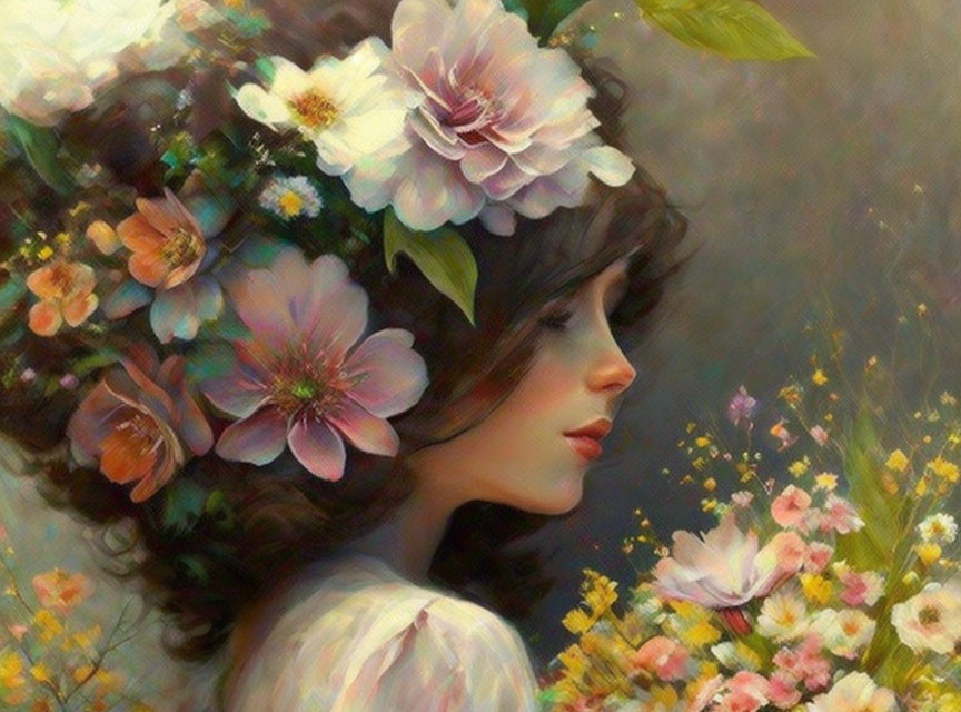 Woman with Flowers in Hair Painting: Serene and Dreamy Aura in Floral Setting