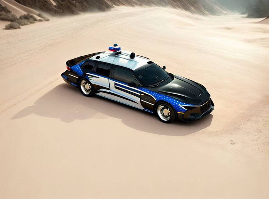 Black and Blue Police Car with Emergency Lights Driving in Desert Landscape