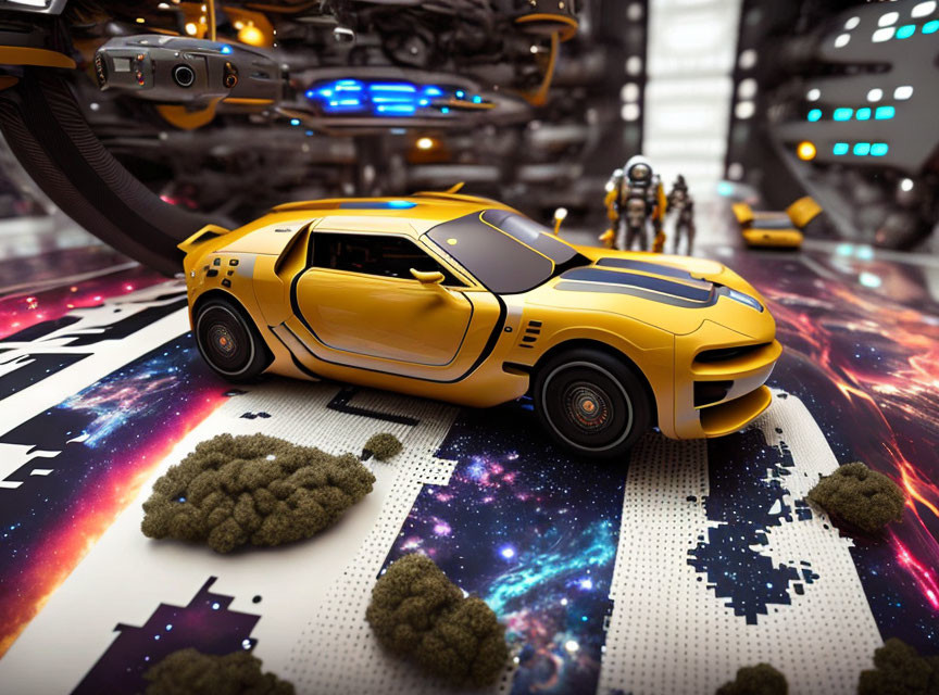 Yellow Futuristic Sports Car on Pixelated Road with Space-Themed Background, Armed Robots, and Hover