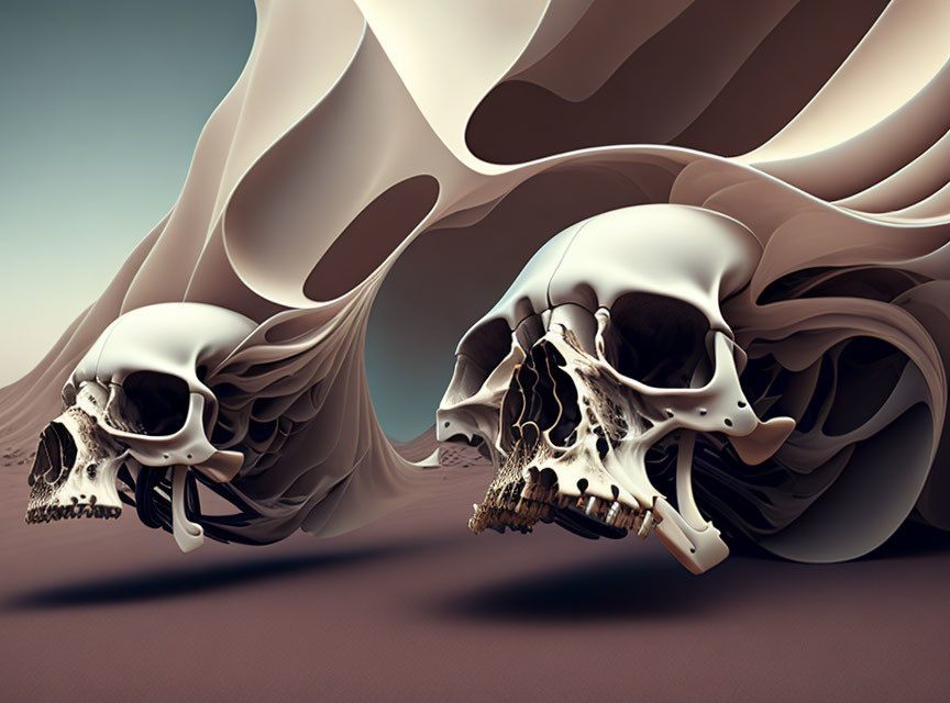 Surreal artwork: Stylized skulls with elongated, wavy protrusions on brown backdrop