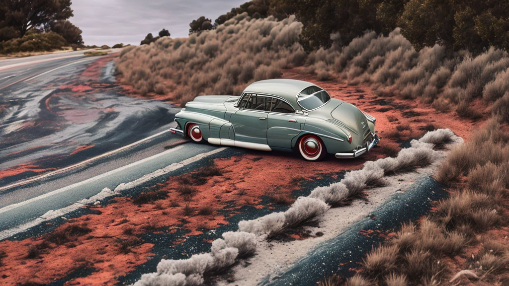 Vintage Car on Desolate Road with Red-Tinted Landscape