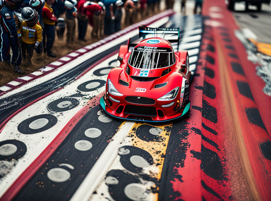 Red racing car with sponsor logos speeds past blurred pit crew and spectators on track with red and white cur