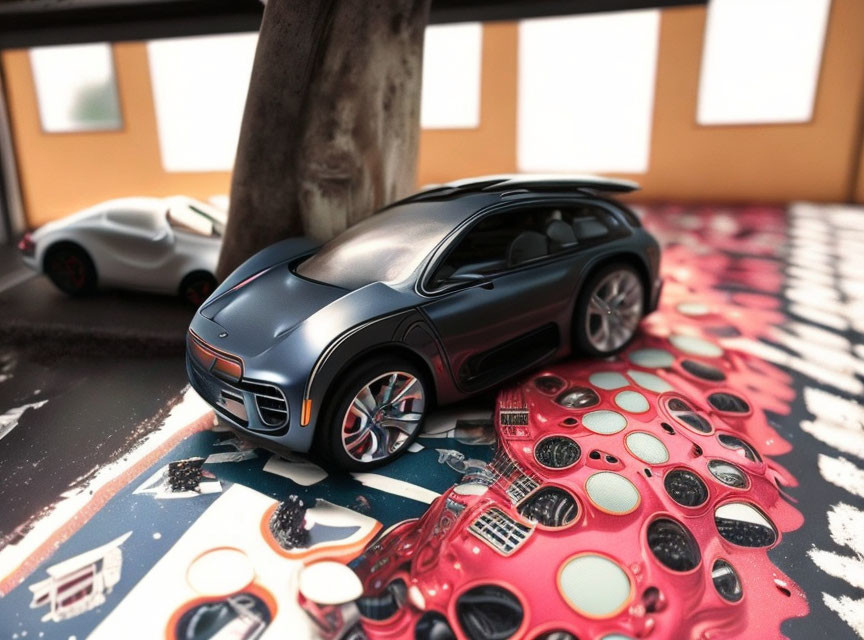 Dark Blue SUV Toy Model Displayed with Colorful Graphics on Floor