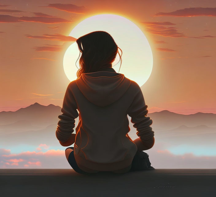 Person in Hoodie Contemplating Sunset Over Mountains