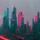 Dystopian cityscape with towering spire-like structures in orange light