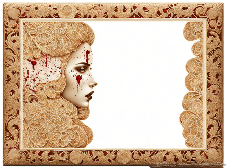 Golden Frame with Woman's Profile and Blood-like Droplets: Detailed Hair Design