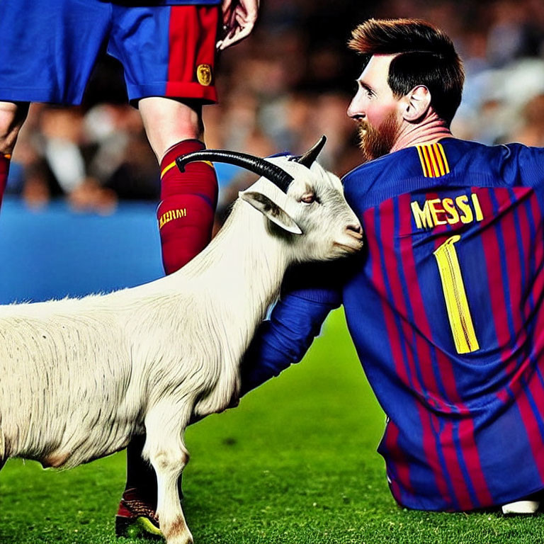 Goat in soccer jersey plays with player on field