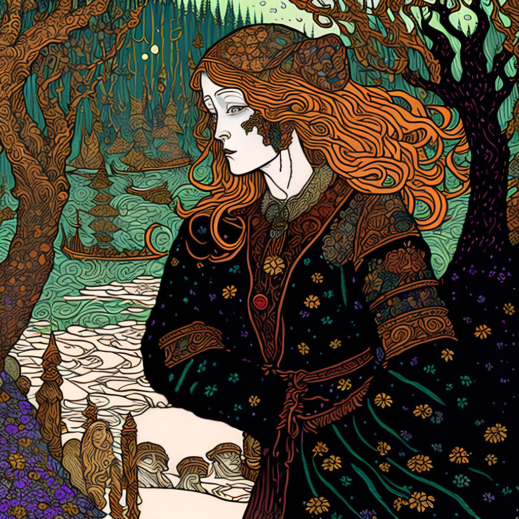 Illustration of woman with red hair in forest setting