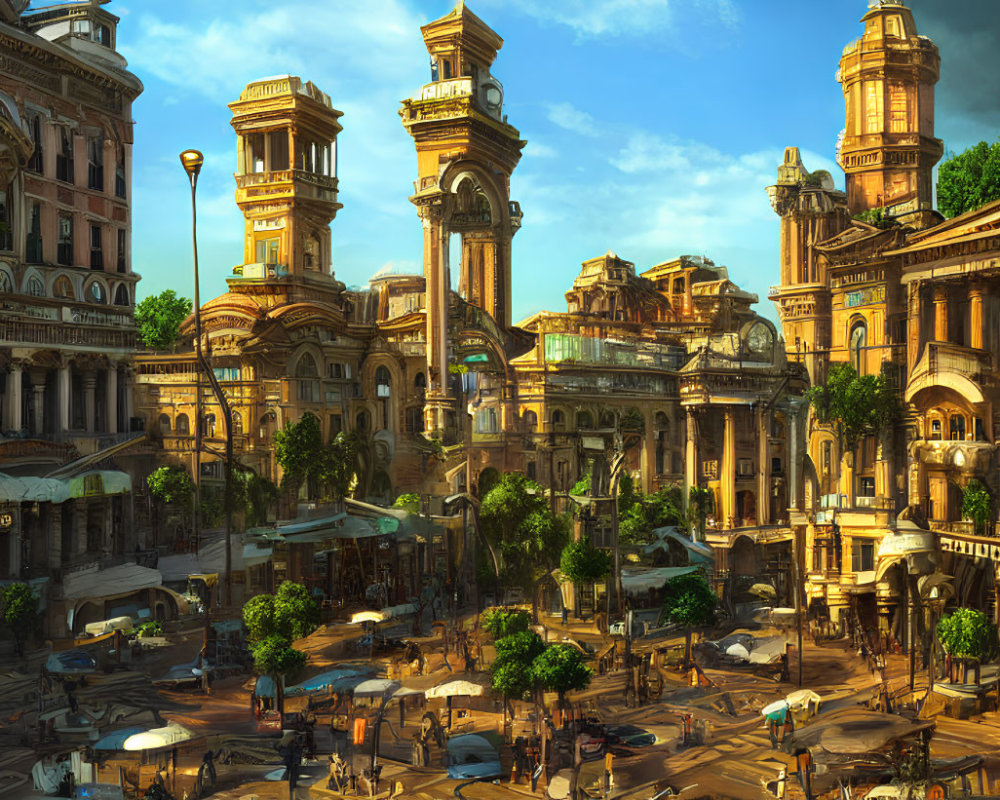 Fantasy cityscape with ornate buildings and bustling streets