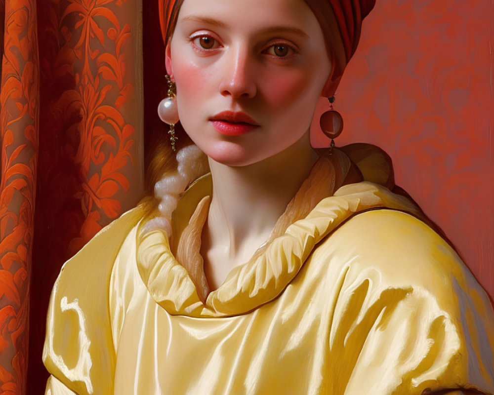 Portrait of a woman in red headscarf and yellow gown with pearl earrings