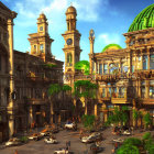 Fantasy cityscape with ornate buildings and bustling streets