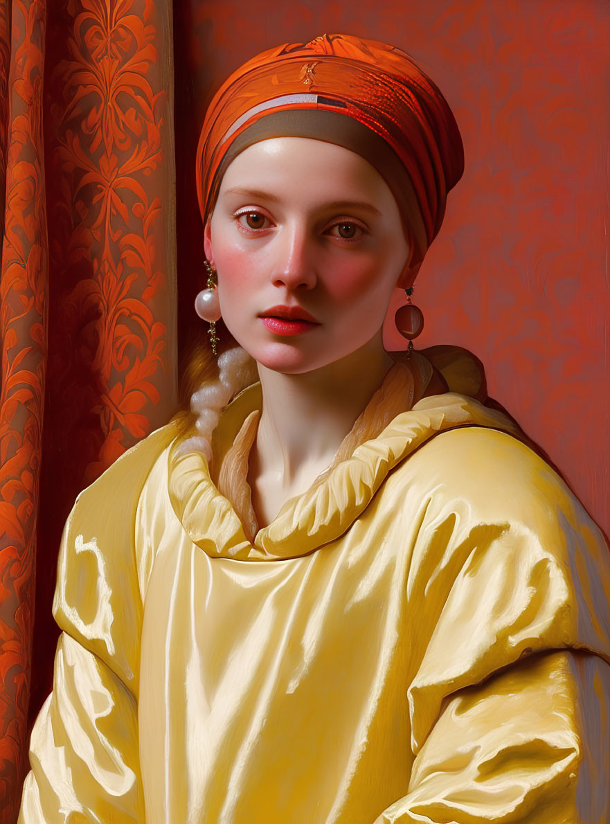 Portrait of a woman in red headscarf and yellow gown with pearl earrings