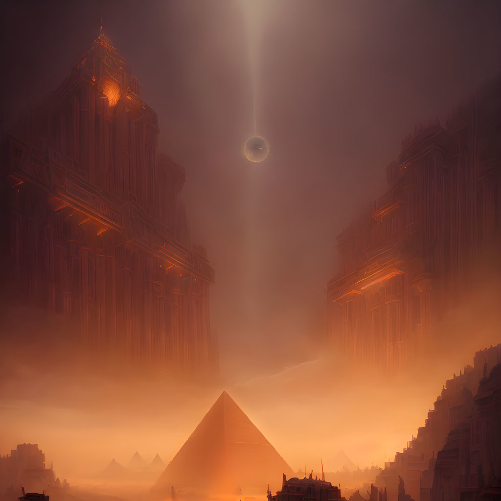 Misty cityscape with pyramid, towering structures, and eclipsed sun.