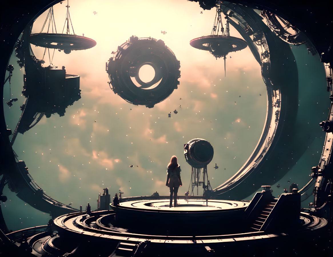 Sci-fi landscape with figure on platform and circular structures