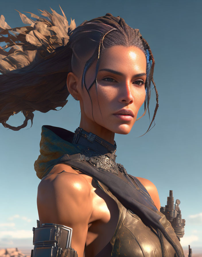 Female warrior with brown eyes in futuristic armor, desert cityscape background