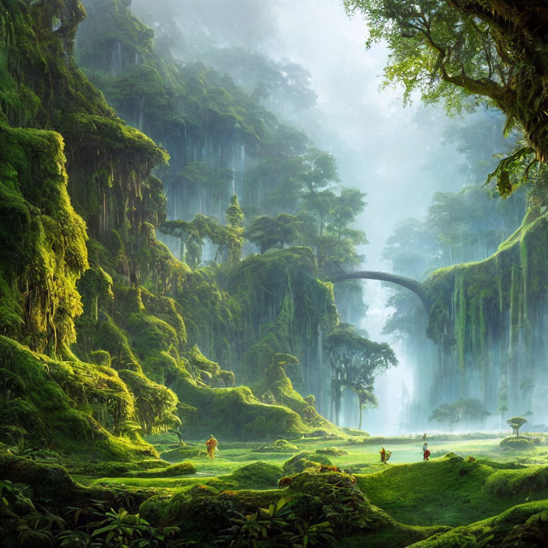 Mystical forest with towering trees, arch bridge, waterfalls, and lush undergrowth