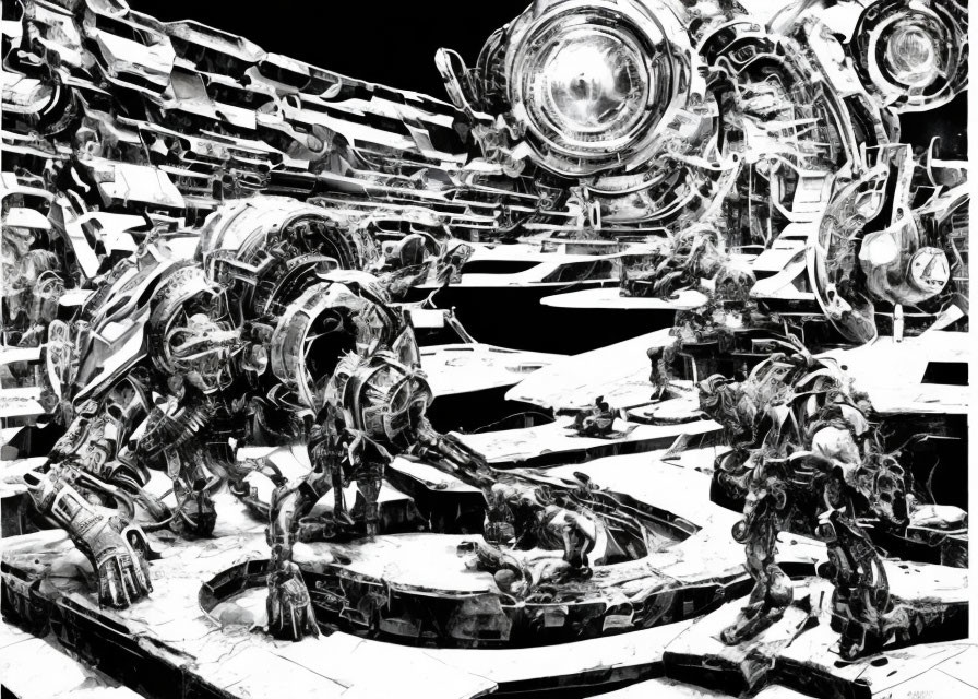 Abstract Monochrome Robotic Figures & Futuristic Machinery Art