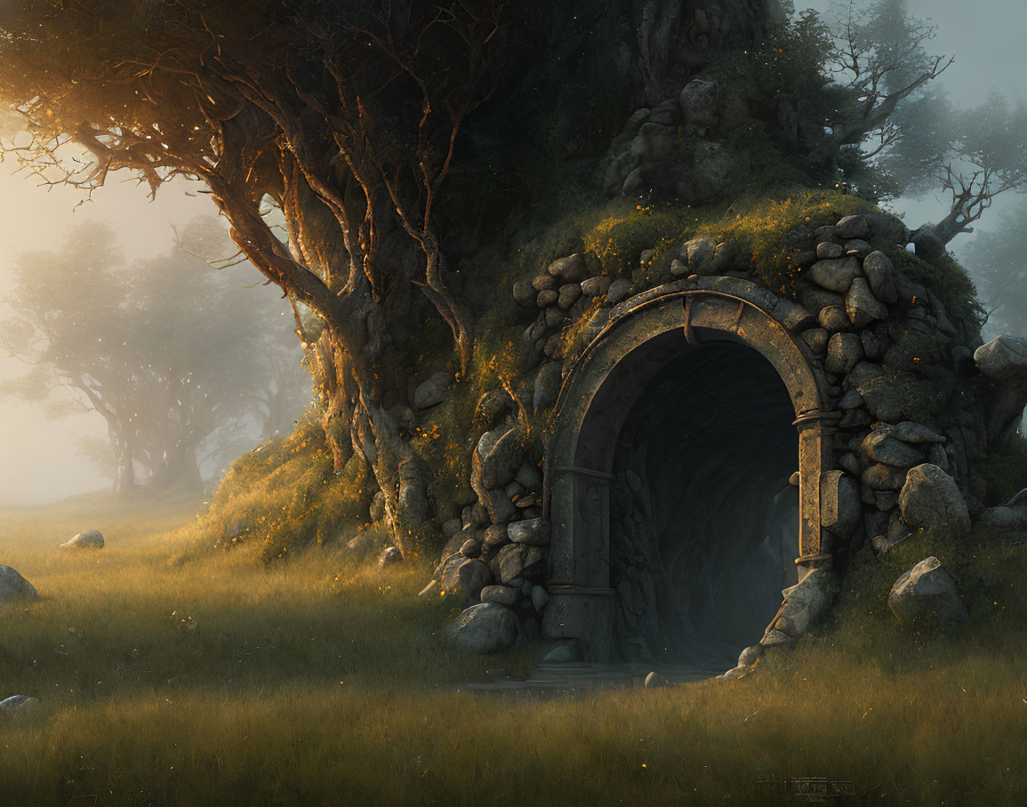 Ancient stone doorway in moss-covered hill amid misty forest clearing