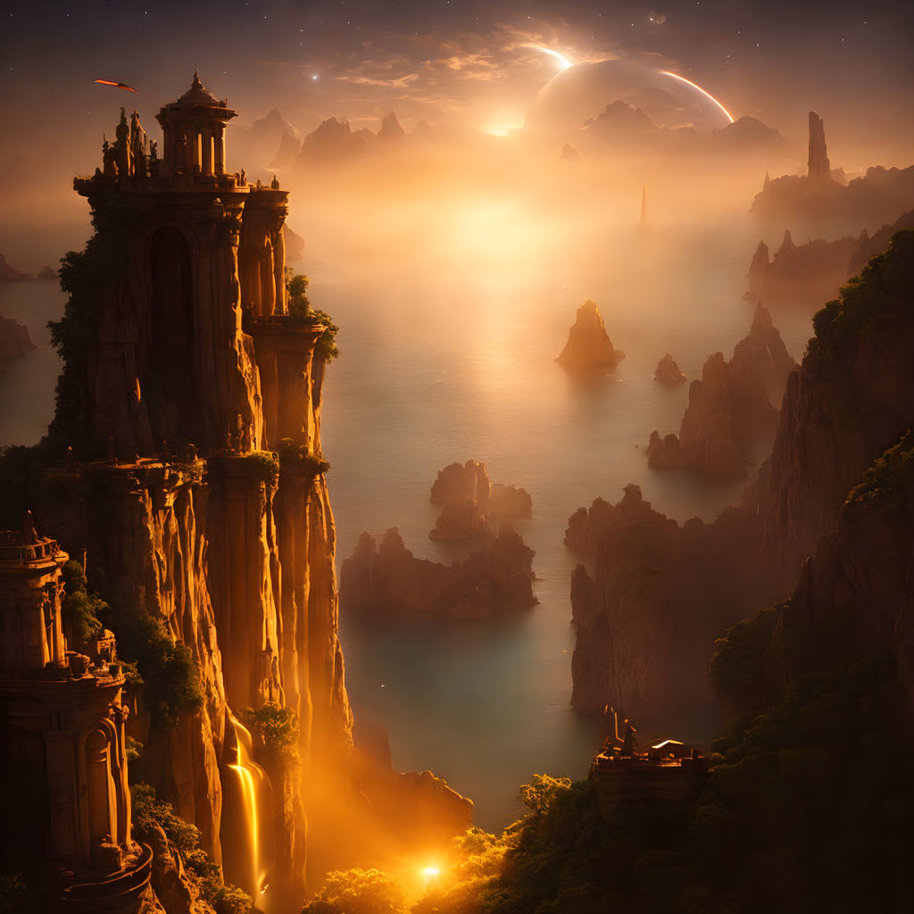 Fantasy landscape with towering cliffs, ancient buildings, river, and glowing crescent moon