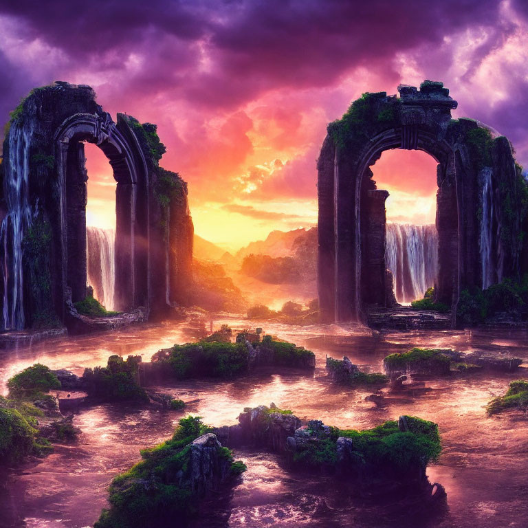 Fantastical landscape with ancient ruins, waterfalls, and vibrant sunset sky