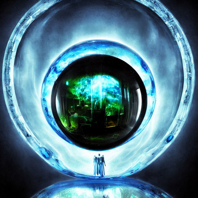 Reflective spherical corridor with humanoid figures and green scene.