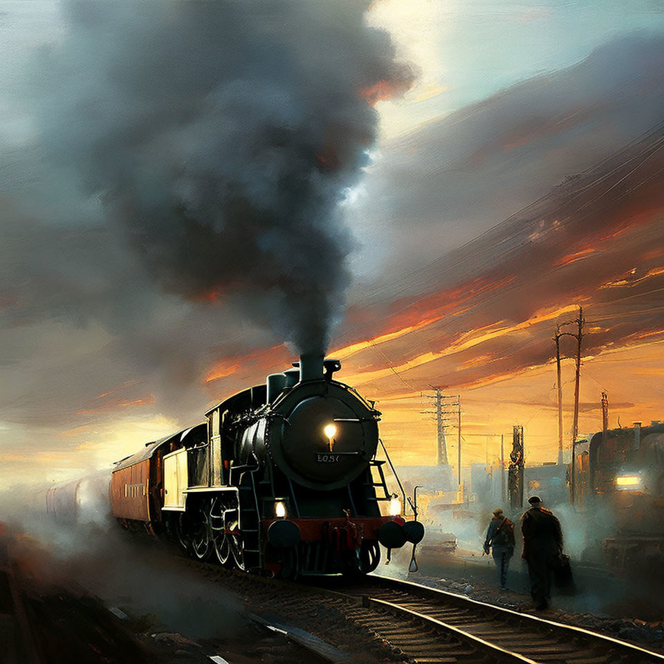 Vintage steam locomotive emits dark smoke under orange sunset with silhouetted people.