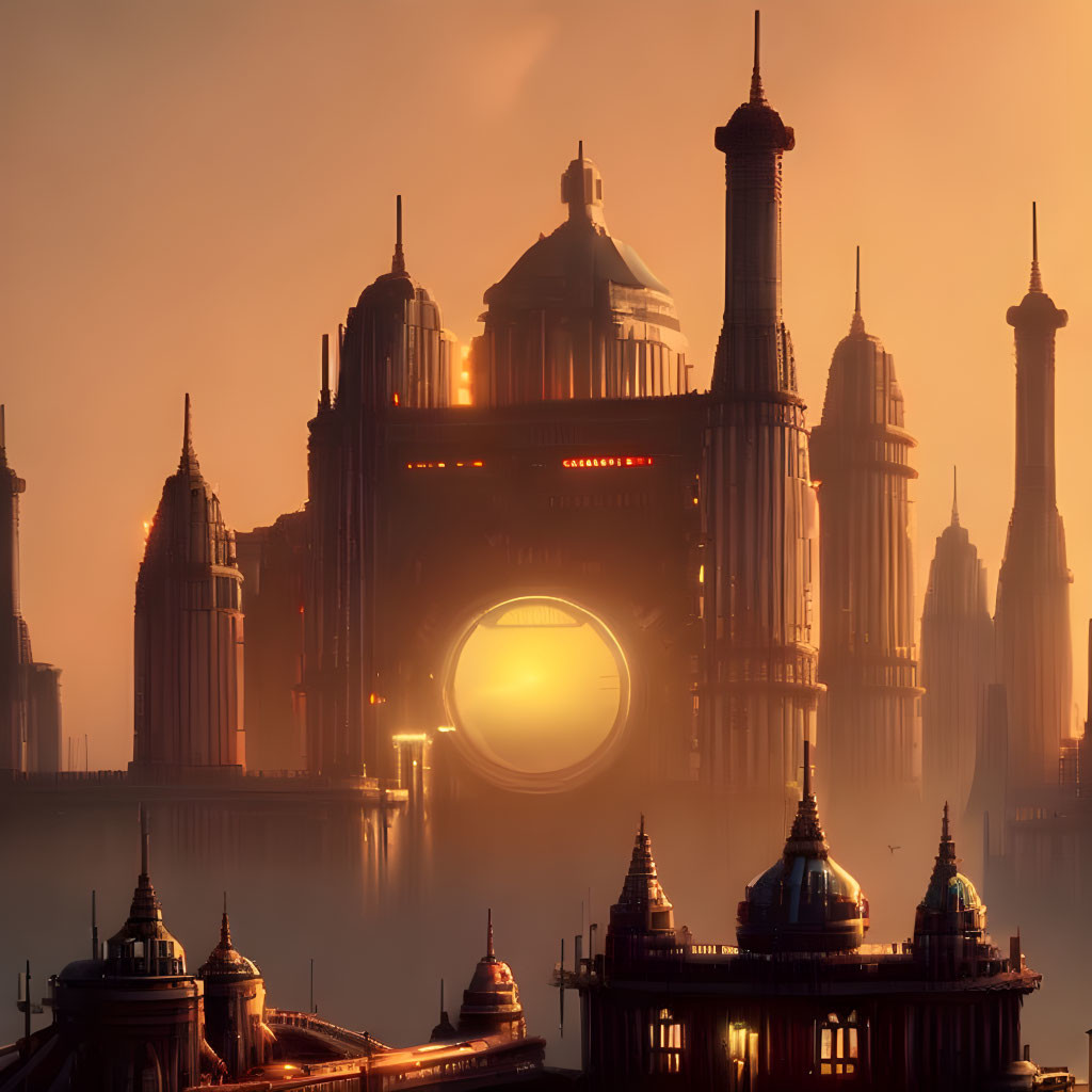 Futuristic sunset cityscape with glowing circular structure