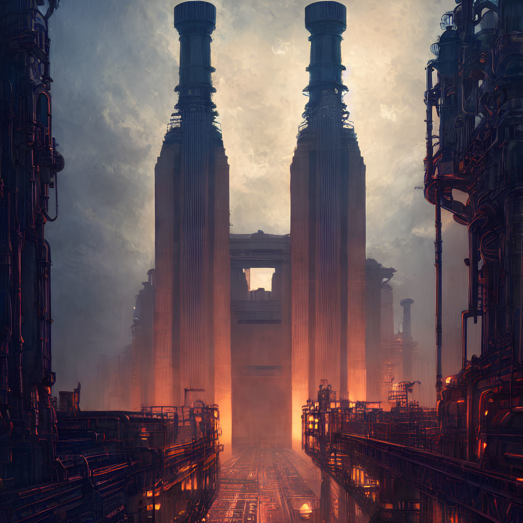 Futuristic industrial scene with towering structures and intricate machinery