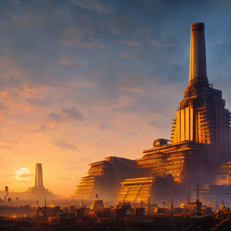 Dystopian industrial landscape at sunset with towering smokestacks