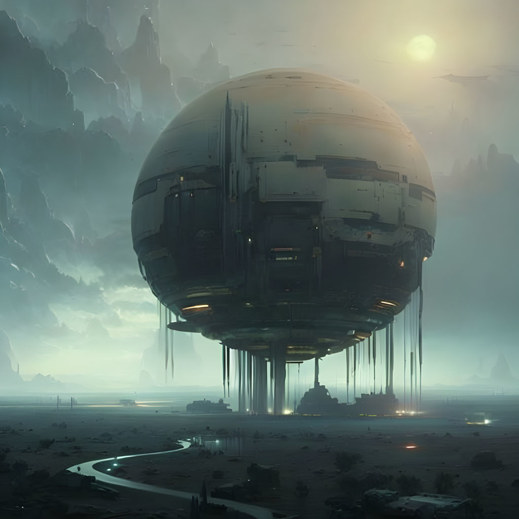 Futuristic spherical structure above arid landscape with cliffs under hazy sky