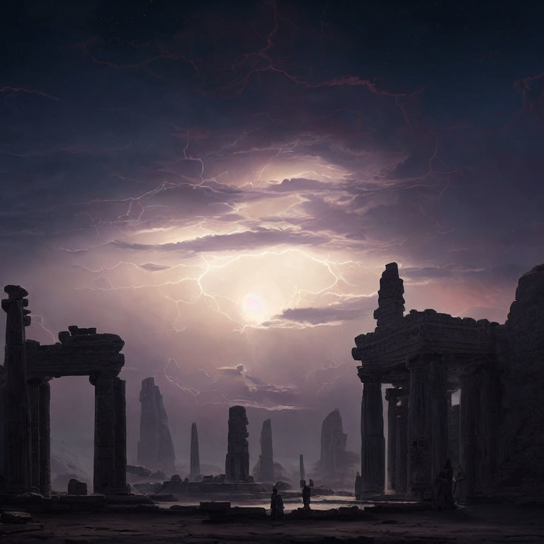 Mysterious ancient ruins with silhouetted figures under dramatic sky