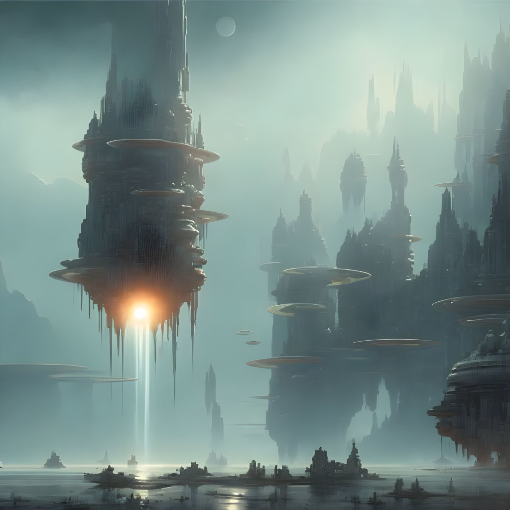 Futuristic cityscape with towering spire-like buildings in foggy setting