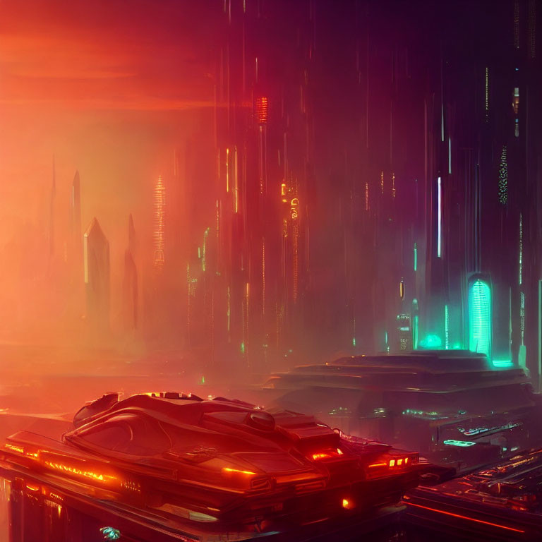 Futuristic cityscape with skyscrapers, neon lights, and flying vehicles in red and orange