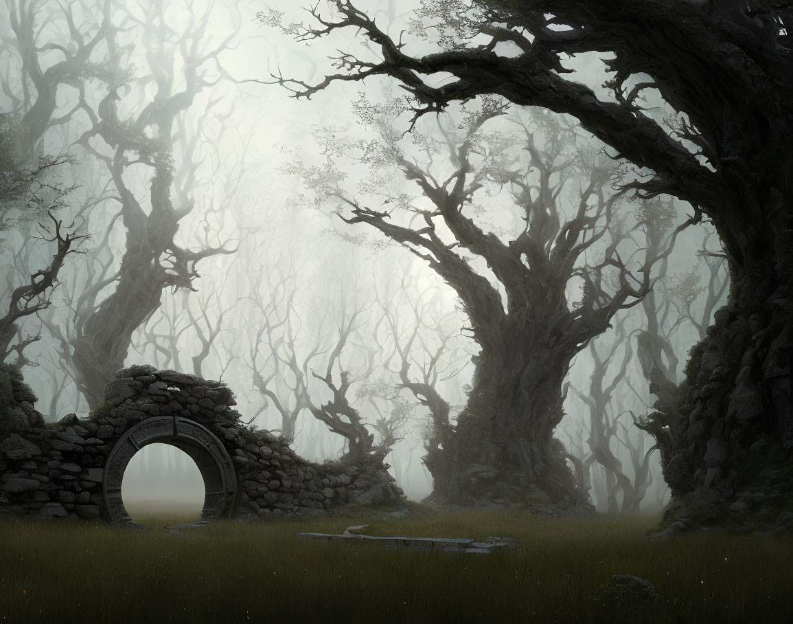 Mysterious foggy forest with ancient stone archway