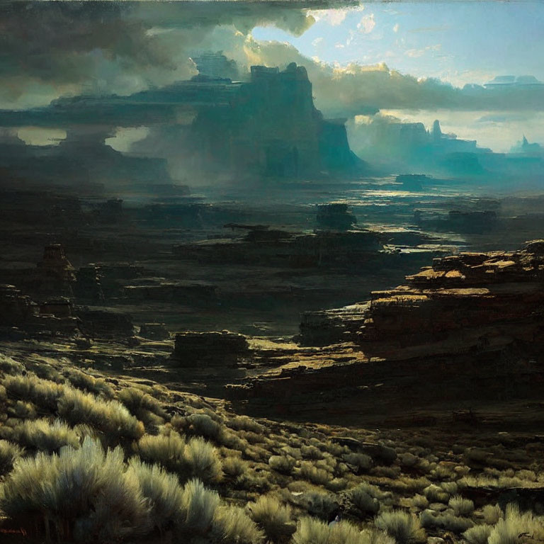 Desert landscape with layered rock formations at dusk