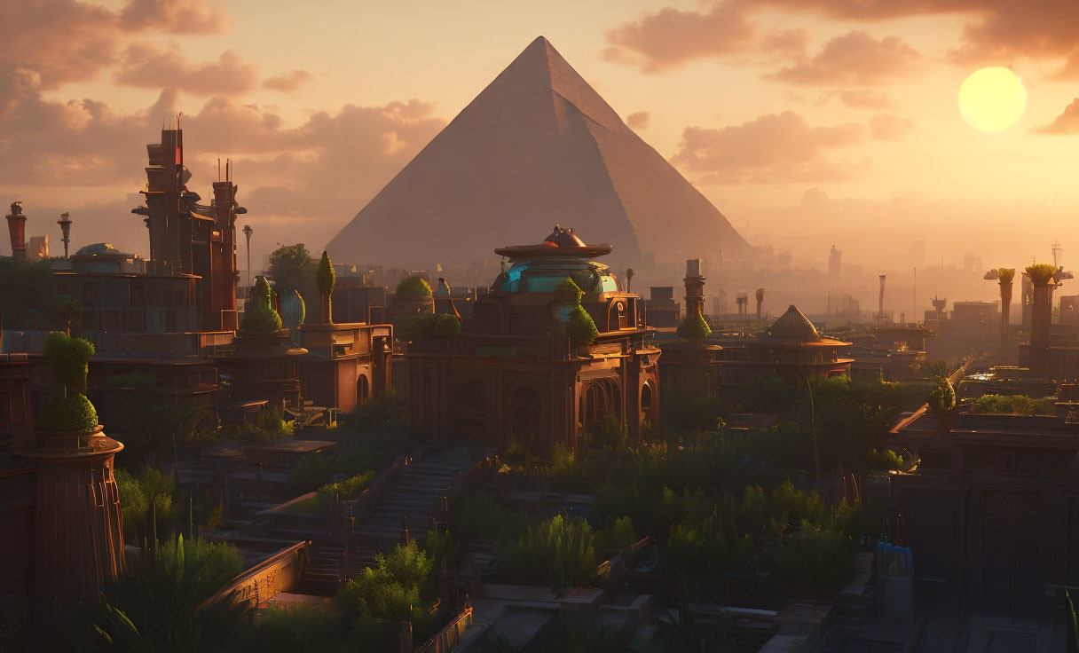 Futuristic cityscape with advanced architecture and pyramid at sunset