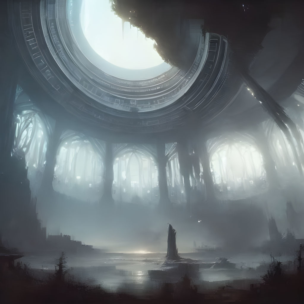 Abandoned futuristic cathedral with mist and glowing water
