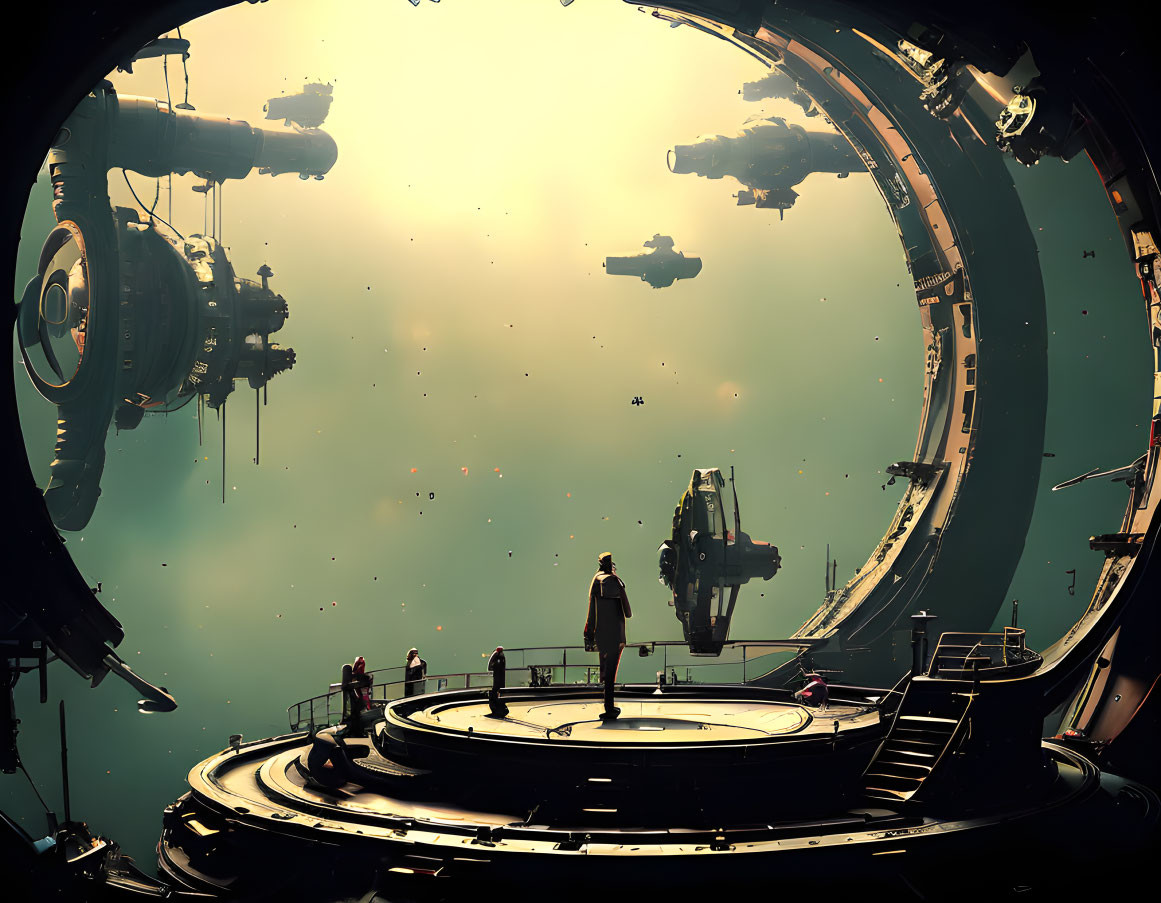 Futuristic scene with individuals on circular platform observing spaceships and space stations in cosmic backdrop