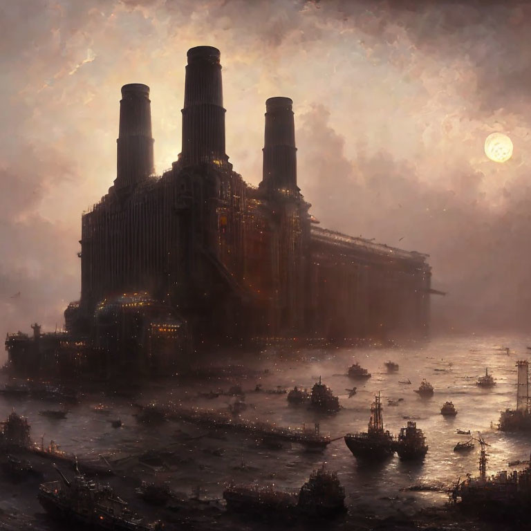 Industrial megastructure with towering chimneys in foggy dusk-lit scene with ships