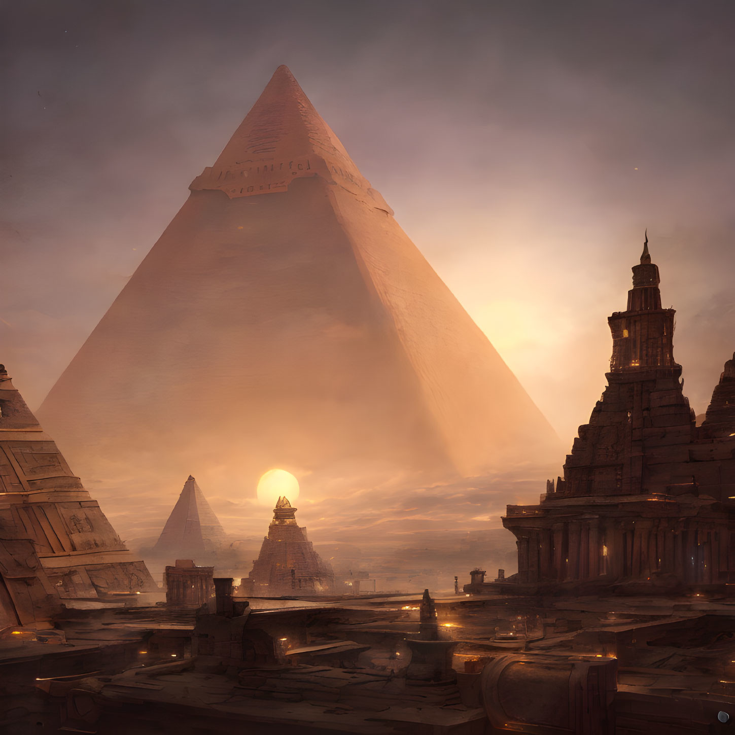 Ancient pyramid-like structures in mystical sunset landscape