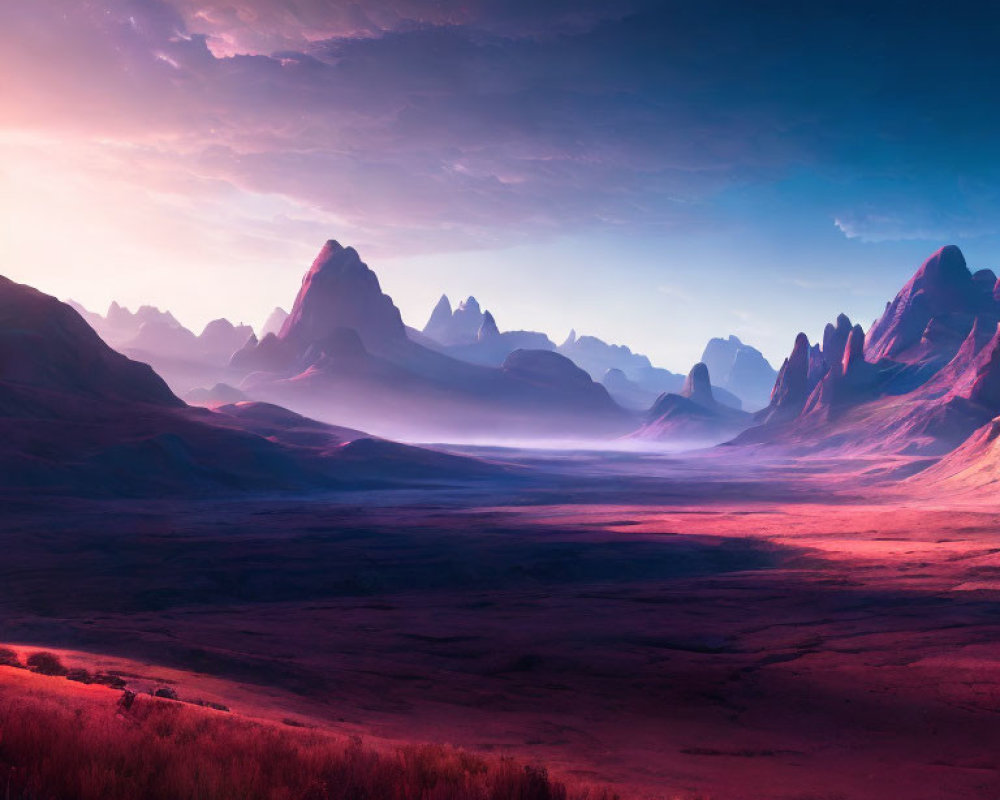 Surreal landscape with vibrant purple hues and majestic mountains under twilight sky