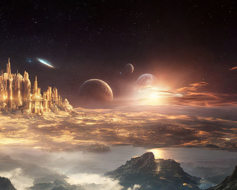 Futuristic cityscape with planets, shooting star, and sunset mountains.