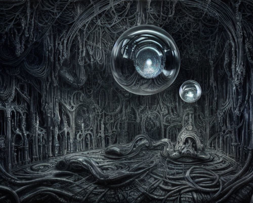 Monochromatic surreal artwork with alien-like structures and floating orbs